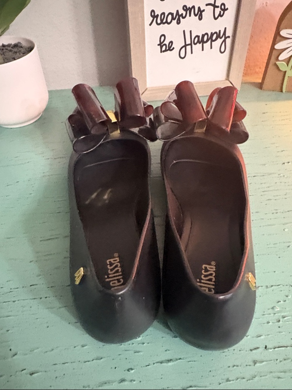 Melissa Black Flats with Dark Brown Tortoiseshell Bow - Picture 4 of 6